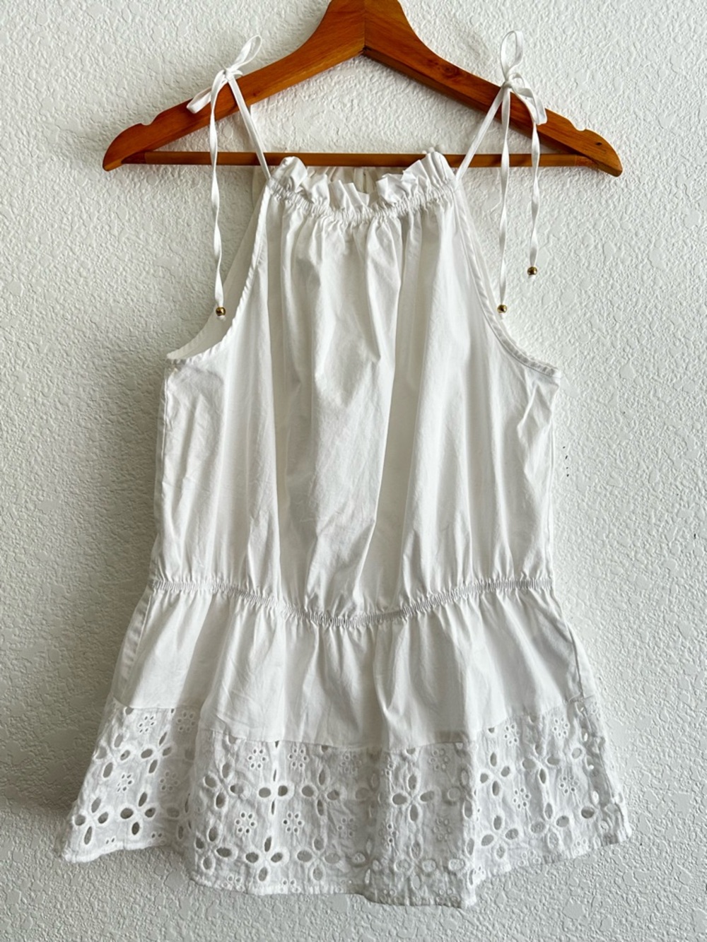 H By HALSTON Size M White Eyelet Yoke Halter Top 100% Cotton